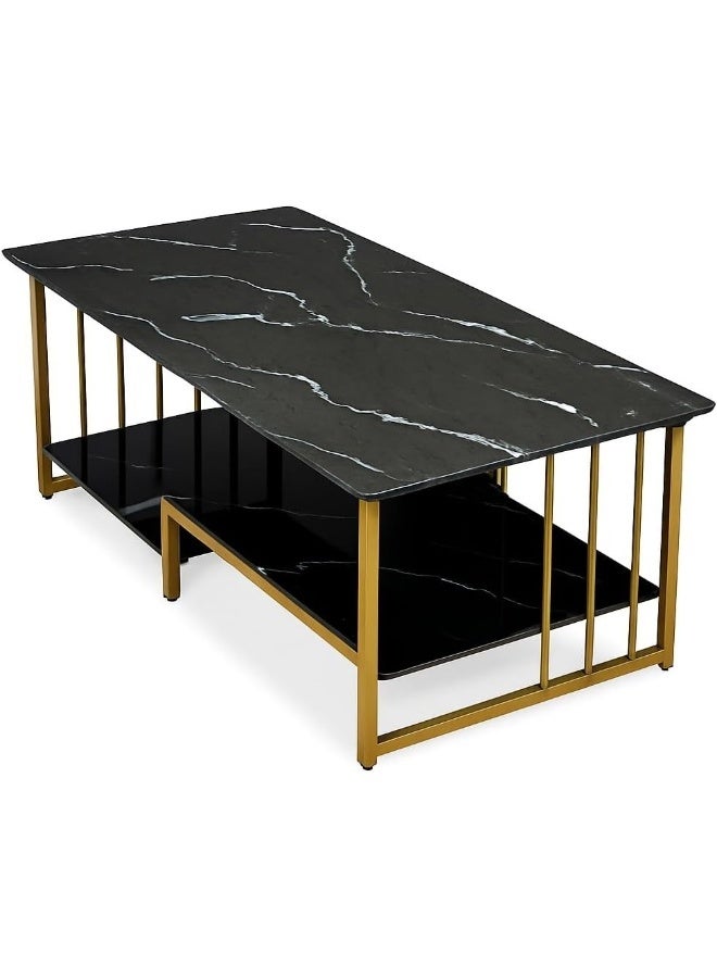 Modern Black Glass Coffee Table with Gold Frame - Image 1