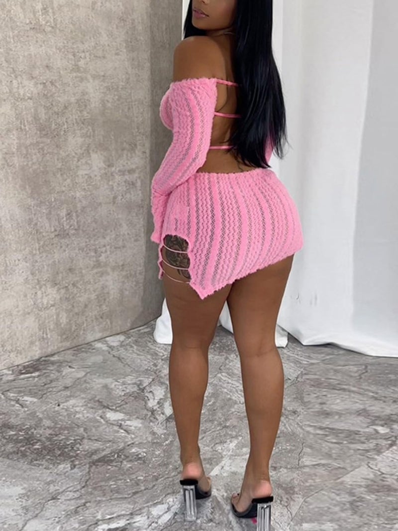 Uni Clau Sexy Off Shoulder Fuzzy Y2K Mini Dress for Women Strappy Backless Long Sleeve Party Club Birthday Dresses Date Night Pink - Image 3