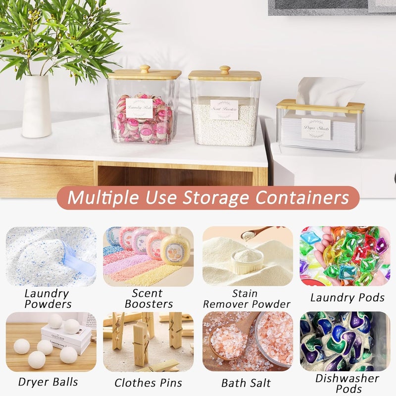 Vincona Laundry Room Organization and Storage, Laundry Pods Container and Dryer Sheet Holder with Bamboo Lids and Labels, Laundry Organizer with Scoops for Booster Beads, Powder, Pods, 2+1 Pack - Image 3