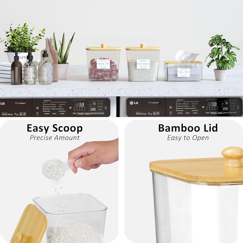 Vincona Laundry Room Organization and Storage, Laundry Pods Container and Dryer Sheet Holder with Bamboo Lids and Labels, Laundry Organizer with Scoops for Booster Beads, Powder, Pods, 2+1 Pack - Image 2