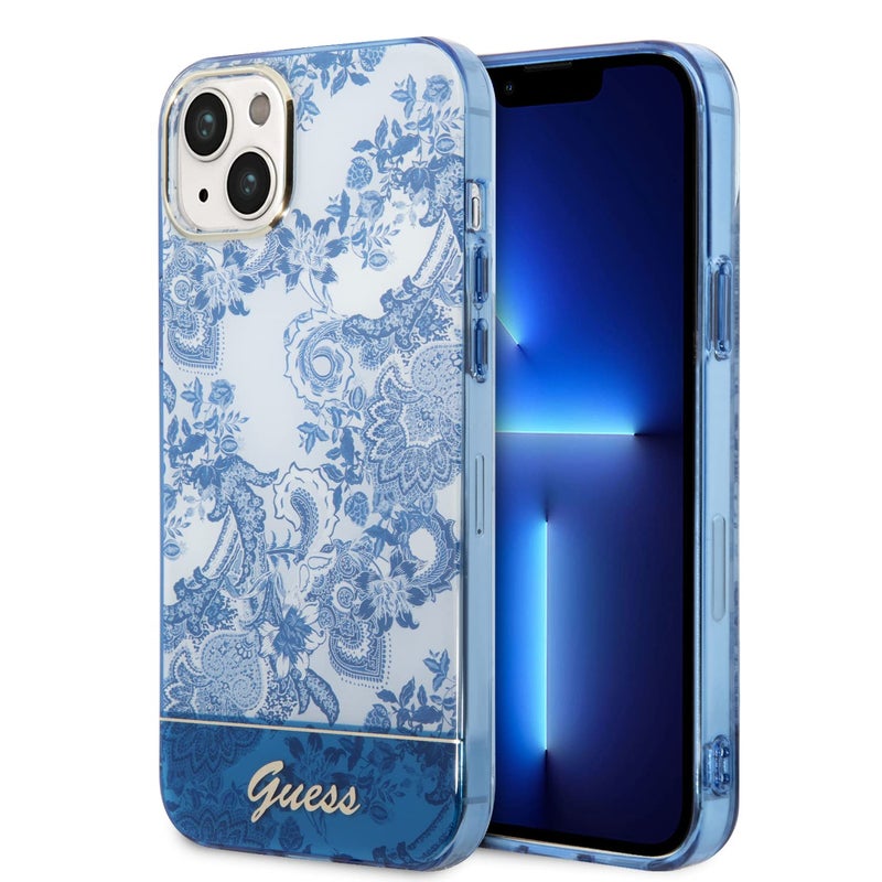 حافظة CG MOBILE Guess PCTPU IML مع إطار كاميرا مزدوج الطبقة مطلي بالكهرباء تصميم كلاسيكي واقي إضافي مضاد للصدمات متوافق مع آيفون 14 أزرق