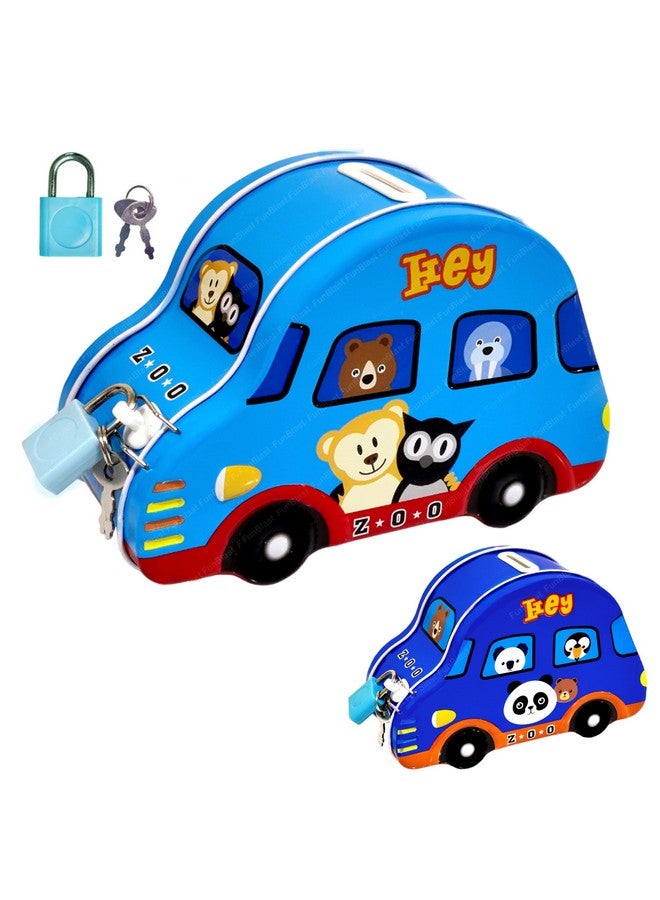 فنبلاست حصالة نقود من فن بلاست للأطفال - حصالة نقود معدنية على شكل سيارة مع قفل ومفتاح، صندوق نقود معدني، هدية عيد ميلاد للأولاد والبنات، حصالة نقود، صندوق نقود للأطفال - لون أزرق عشوائي - Image 1