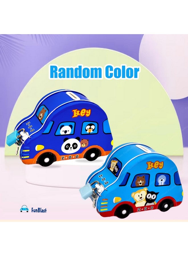 فنبلاست حصالة نقود من فن بلاست للأطفال - حصالة نقود معدنية على شكل سيارة مع قفل ومفتاح، صندوق نقود معدني، هدية عيد ميلاد للأولاد والبنات، حصالة نقود، صندوق نقود للأطفال - لون أزرق عشوائي - Image 2