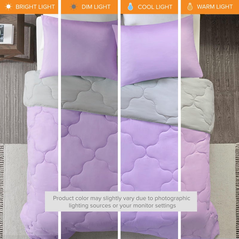 Comfort Spaces Vixie Reversible Comforter Set - Trendy Casual Geometric Quilted Cover, All Season Down Alternative Cozy Bedding, Matching Sham, Lavender/Gray, Full/Queen 3 piece - Image 3