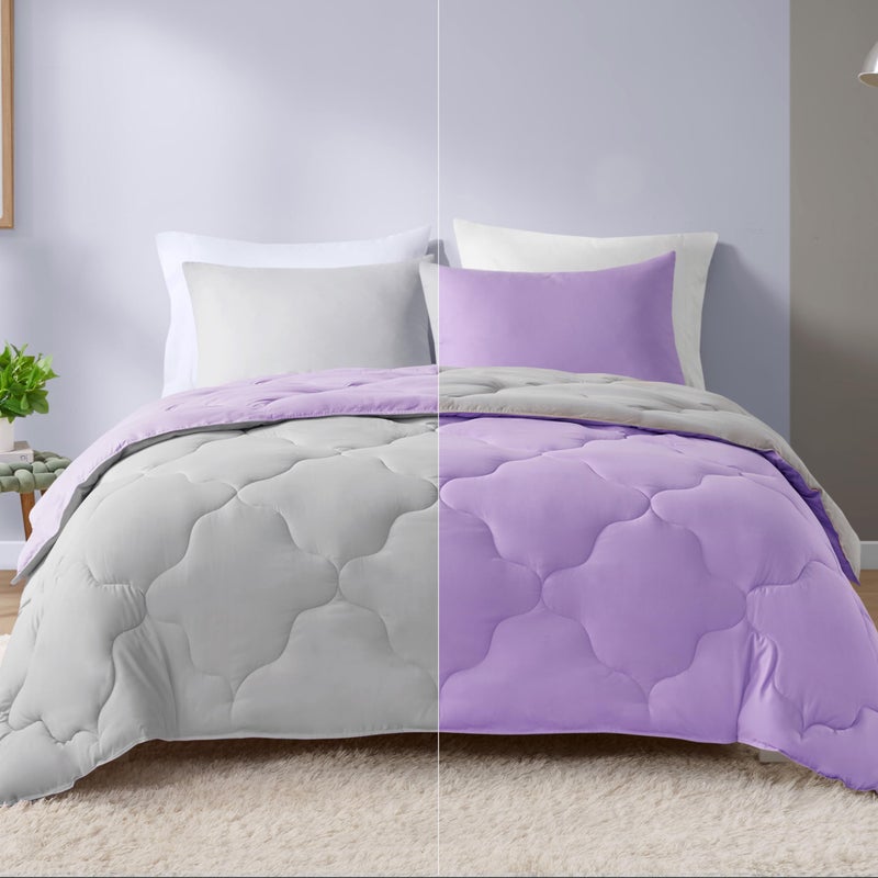 Comfort Spaces Vixie Reversible Comforter Set - Trendy Casual Geometric Quilted Cover, All Season Down Alternative Cozy Bedding, Matching Sham, Lavender/Gray, Full/Queen 3 piece - Image 1