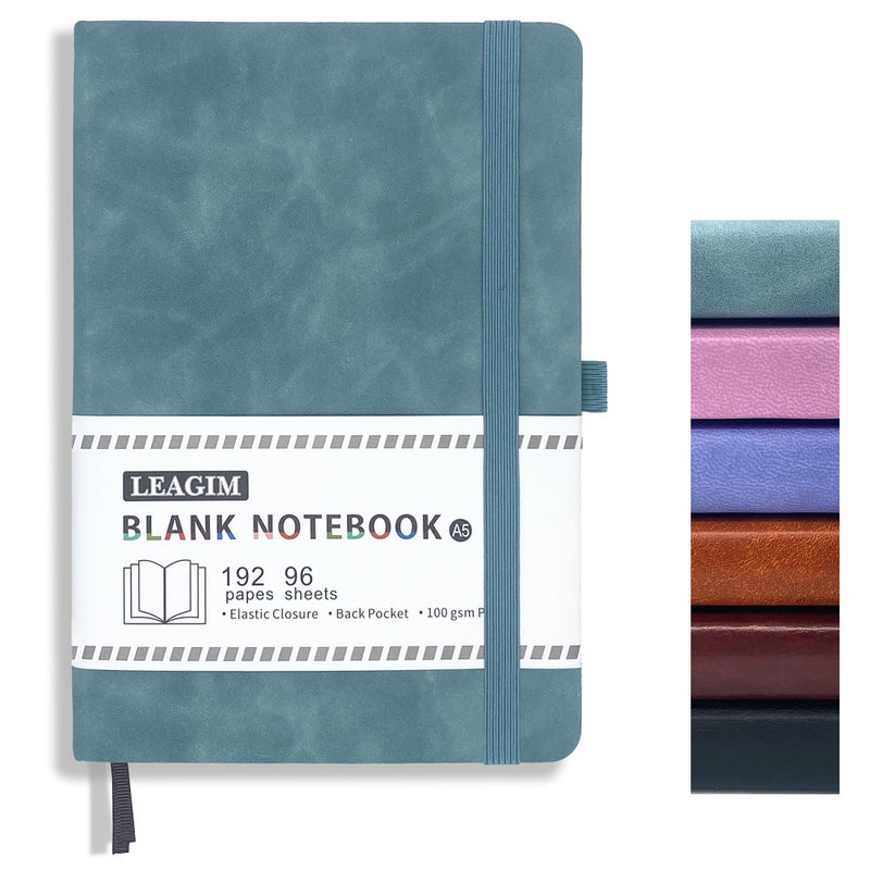 LEAGIM Blank Journal Notebook, A5, 192 Pages 100 GSM Thick Sketch Book for Women Men, Hardcover Leather Unlined Journaling for Work, Notebooks for Writing, 5.8 inches x 8.5 inches (Green) - Image 1