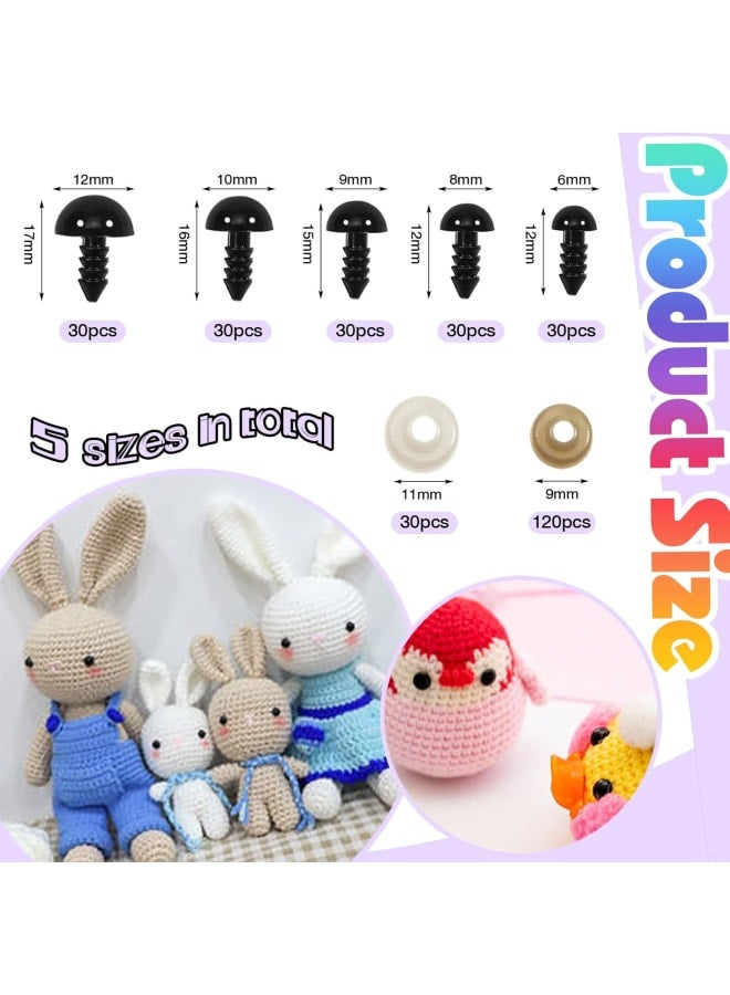 150pcs Safety Eyes for Amigurumis with Washers 6mm to 12mm Plastic Crochet Safety Eyes Black Craft Doll Eyes for Crocheting Stuffed Animals Bears Toys Doll Making - Image 2
