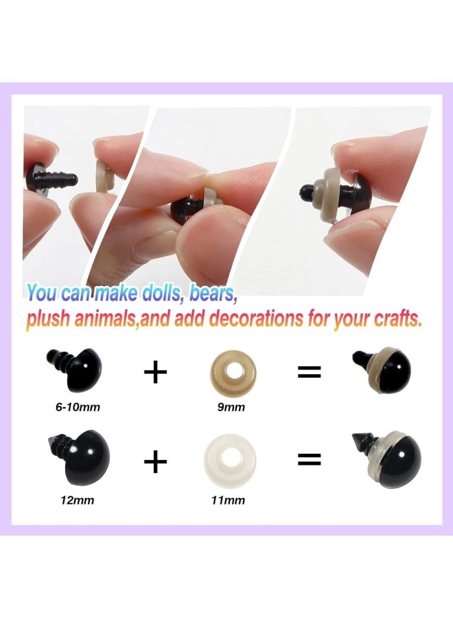 150pcs Safety Eyes for Amigurumis with Washers 6mm to 12mm Plastic Crochet Safety Eyes Black Craft Doll Eyes for Crocheting Stuffed Animals Bears Toys Doll Making - Image 3