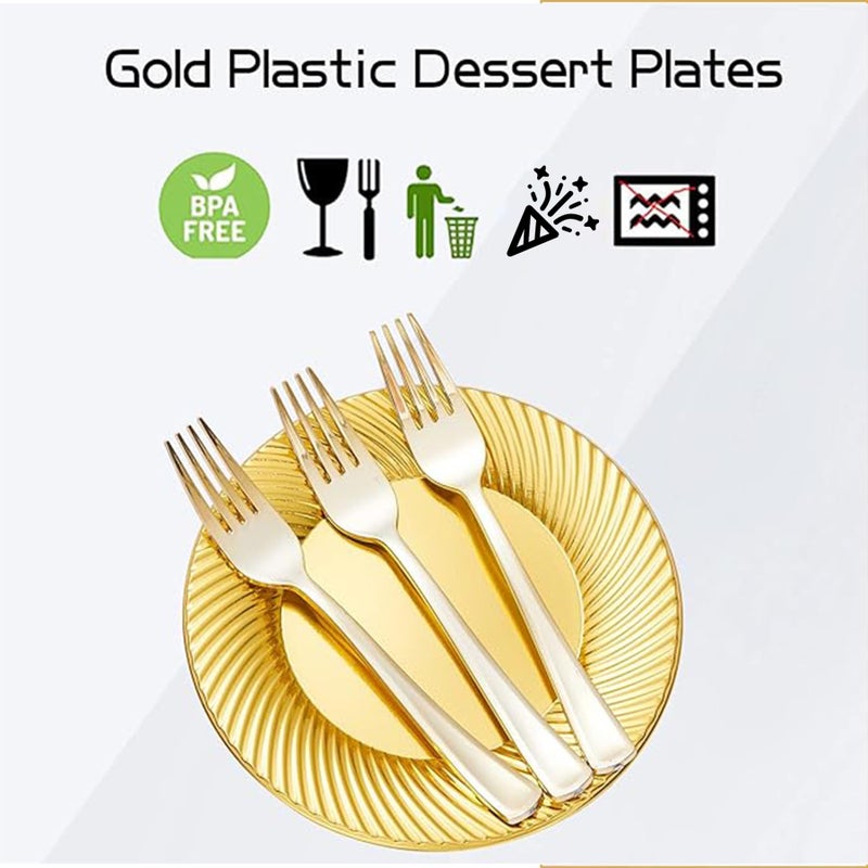 N9R 60pcs Gold Plastic Dessert Plates with Forks, Include 30pcs Disposable Dessert Plates 7 inch, 30pcs Gold Plastic Forks 7.4 inch for Parties Weddings Birthday - Image 4