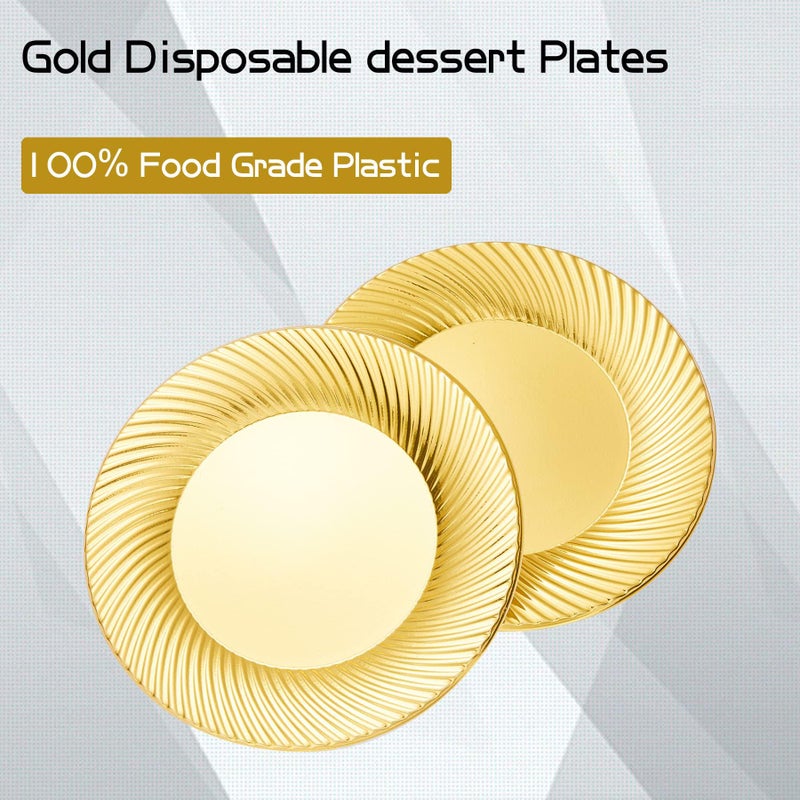 N9R 60pcs Gold Plastic Dessert Plates with Forks, Include 30pcs Disposable Dessert Plates 7 inch, 30pcs Gold Plastic Forks 7.4 inch for Parties Weddings Birthday - Image 2