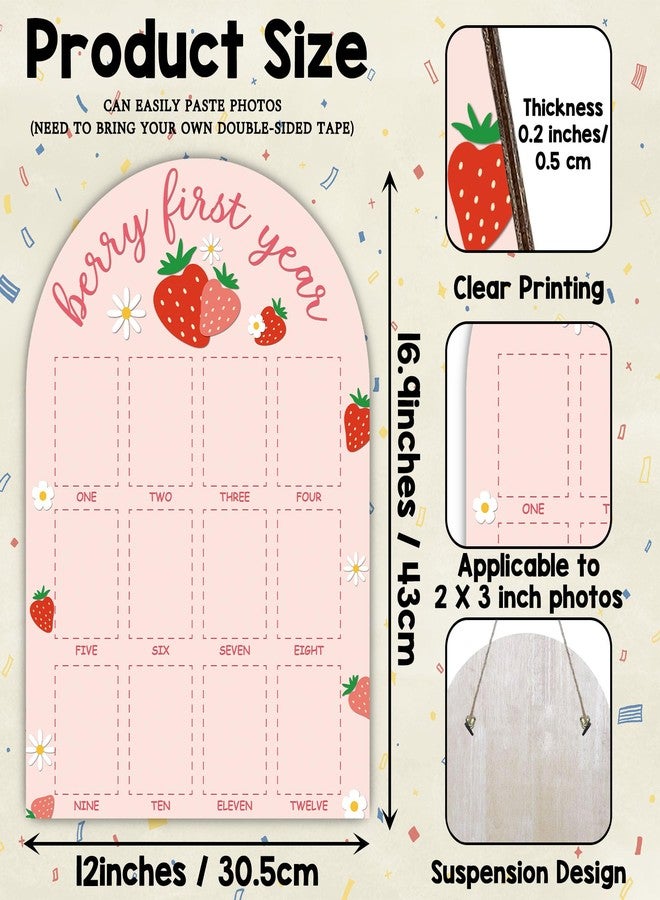 SIXEIGHT Berry First Year Photo Board Frame, 12 Monthly Baby Milestone Wooden Sign, Gender Neutral Nursery Decor for Girl Boy, Baby Keepsake Gifts for 1st Strawberry Birthday Decorations-A17 - Image 2