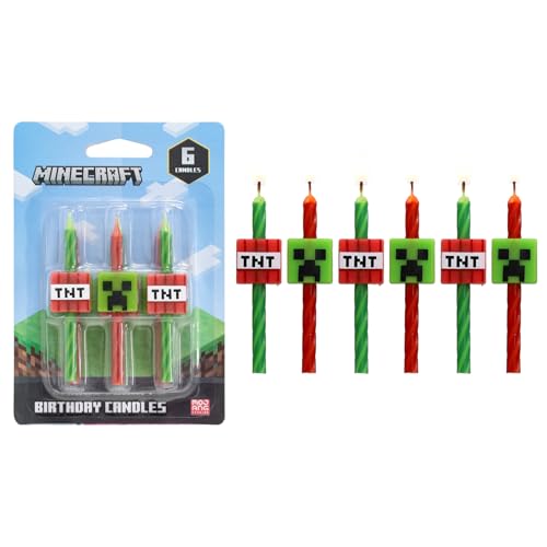 DecoPac Minecraft Birthday Cake Candles | 6 Birthday Candles for Cake Decorations, Red & Green Striped Candles, Cake Toppers for Minecraft Party - Image 1