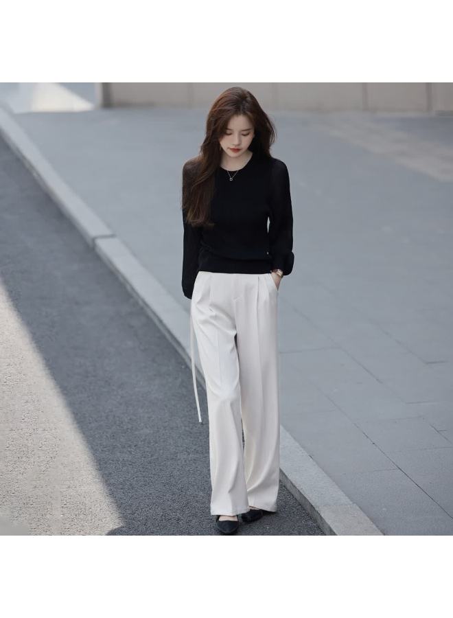 Mt Fashion Patchwork Classic Round Neck Delicate Pleated Long Sleeve Knit Top For Spring And Autumn - Image 2