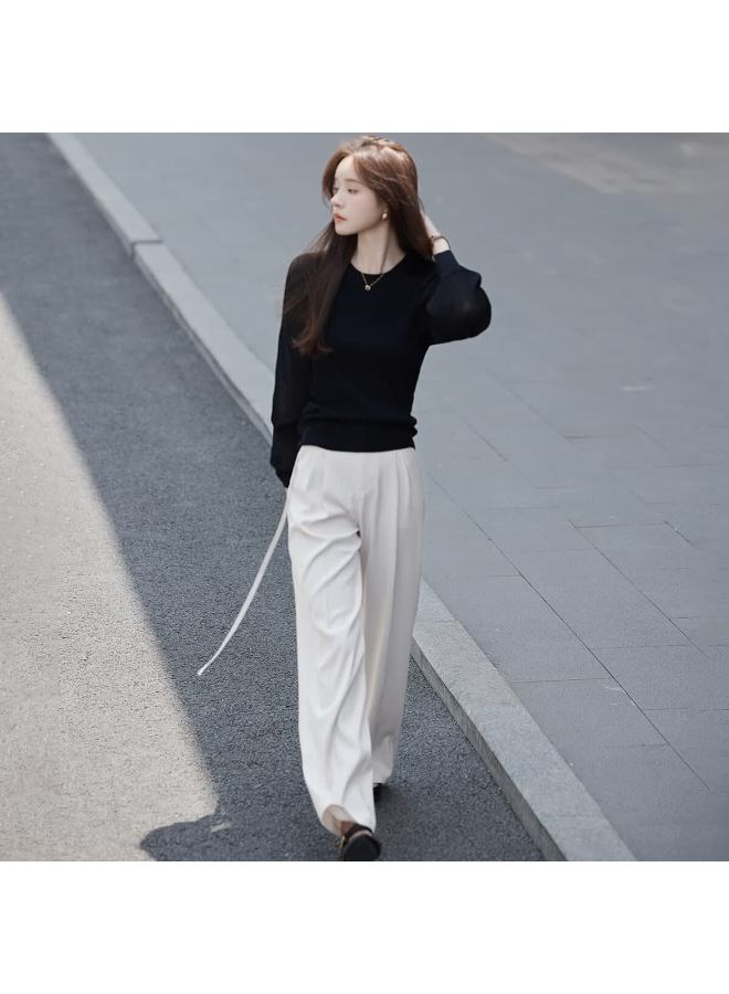 Mt Fashion Patchwork Classic Round Neck Delicate Pleated Long Sleeve Knit Top For Spring And Autumn - Image 5