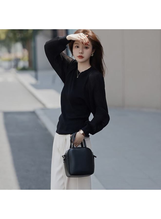 Mt Fashion Patchwork Classic Round Neck Delicate Pleated Long Sleeve Knit Top For Spring And Autumn - Image 3
