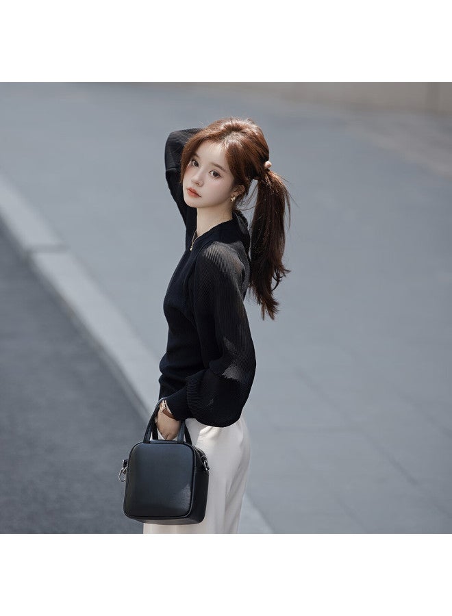 Mt Fashion Patchwork Classic Round Neck Delicate Pleated Long Sleeve Knit Top For Spring And Autumn - Image 1