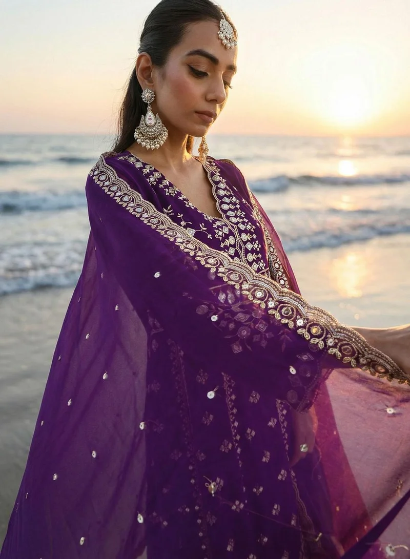 ISHIN  Purple Poly Embroidered Relaxed Tunic & Full Length Palazzo Kurta Set For Women for Women | Best Price UAE