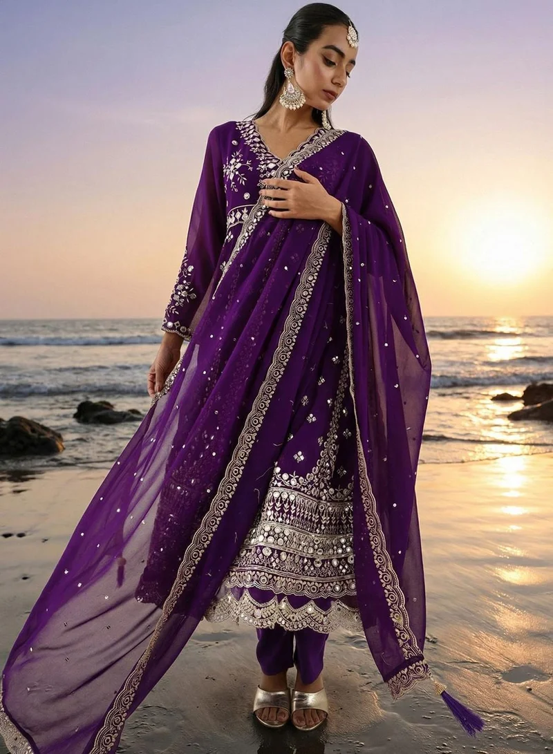 ISHIN  Purple Poly Embroidered Relaxed Tunic & Full Length Palazzo Kurta Set For Women for Women | Best Price UAE