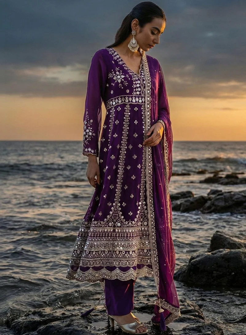 آي شين Purple Poly Embroidered Relaxed Tunic & Full Length Palazzo Kurta Set For Women