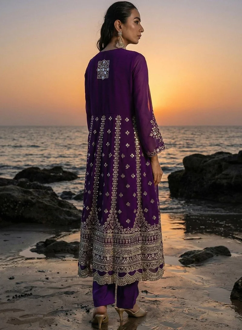 ISHIN  Purple Poly Embroidered Relaxed Tunic & Full Length Palazzo Kurta Set For Women for Women | Best Price UAE
