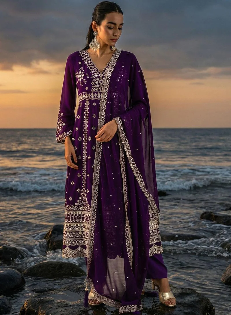 آي شين Purple Poly Embroidered Relaxed Tunic & Full Length Palazzo Kurta Set For Women