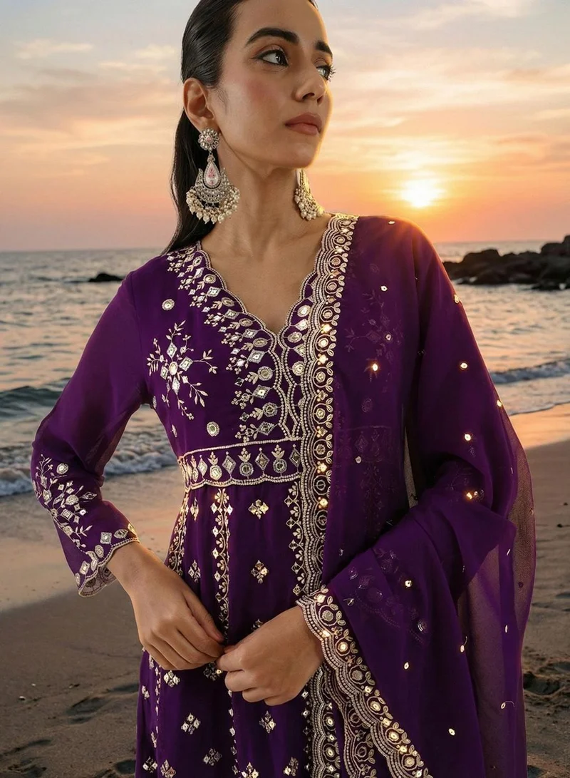 ISHIN  Purple Poly Embroidered Relaxed Tunic & Full Length Palazzo Kurta Set For Women for Women | Best Price UAE