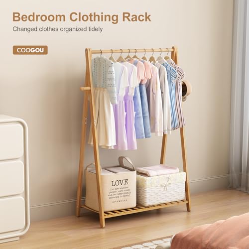 COOGOU Small Clothes Hanging Racks,Bamboo Wood Kids Clothing Garment Racks for Cloths,Free Standing Dress Costume Rack for Bedroom,Living Room, Commercial,Small Space - Image 3