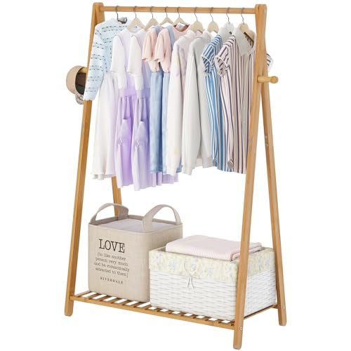 COOGOU Small Clothes Hanging Racks,Bamboo Wood Kids Clothing Garment Racks for Cloths,Free Standing Dress Costume Rack for Bedroom,Living Room, Commercial,Small Space - Image 1