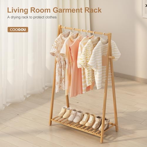 COOGOU Small Clothes Hanging Racks,Bamboo Wood Kids Clothing Garment Racks for Cloths,Free Standing Dress Costume Rack for Bedroom,Living Room, Commercial,Small Space - Image 5