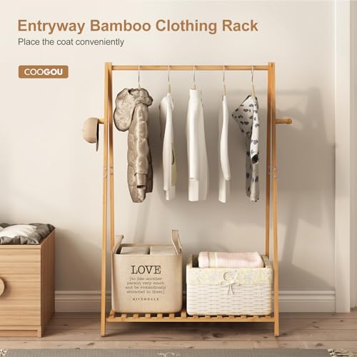 COOGOU Small Clothes Hanging Racks,Bamboo Wood Kids Clothing Garment Racks for Cloths,Free Standing Dress Costume Rack for Bedroom,Living Room, Commercial,Small Space - Image 4