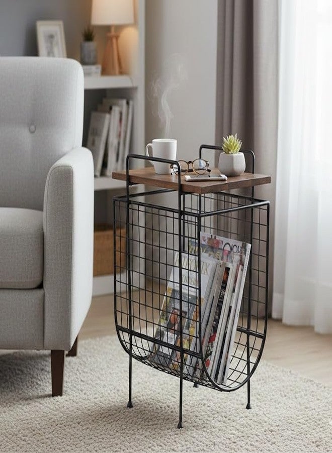 Priti Side Table with Magazine Rack Storage Basket Metal End Table with Wood Top for Living Room Bedroom - Image 1