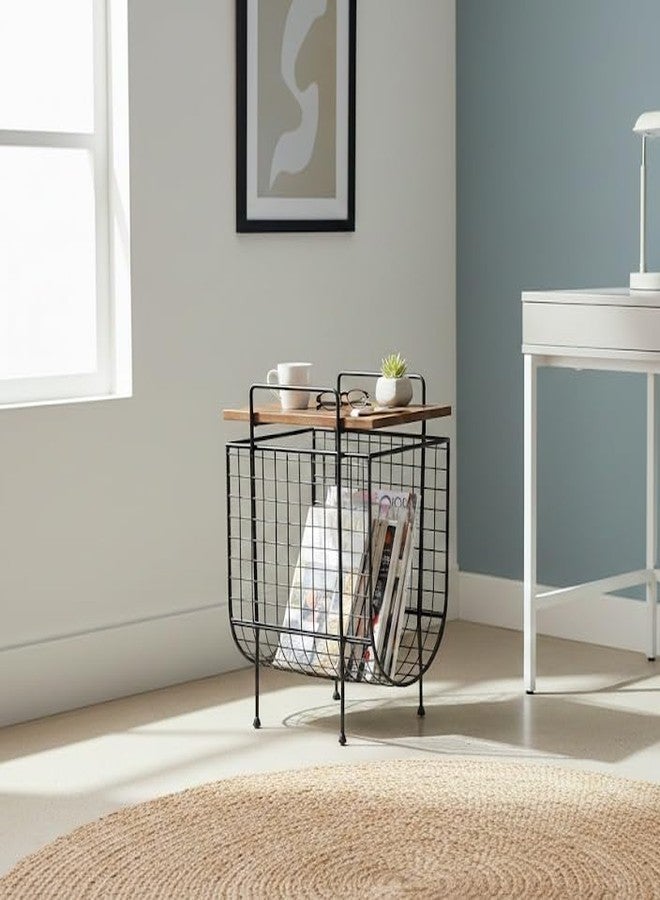 Priti Side Table with Magazine Rack Storage Basket Metal End Table with Wood Top for Living Room Bedroom - Image 2