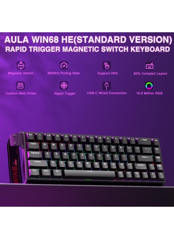 WIN68 HE Magnetic Keyboard with Adjustable Actuation, Hall Effect Switches, 65% Wired Compact Keyboard, 8000 Hz Polling Rate, Hot-Swappable (Black)