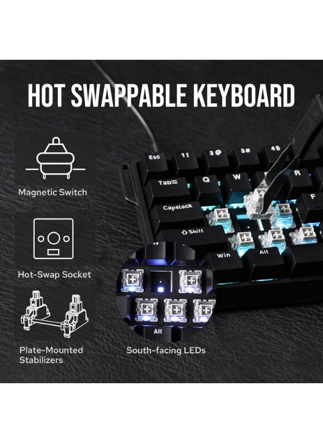 WIN68 HE Magnetic Keyboard with Adjustable Actuation, Hall Effect Switches, 65% Wired Compact Keyboard, 8000 Hz Polling Rate, Hot-Swappable (Black)