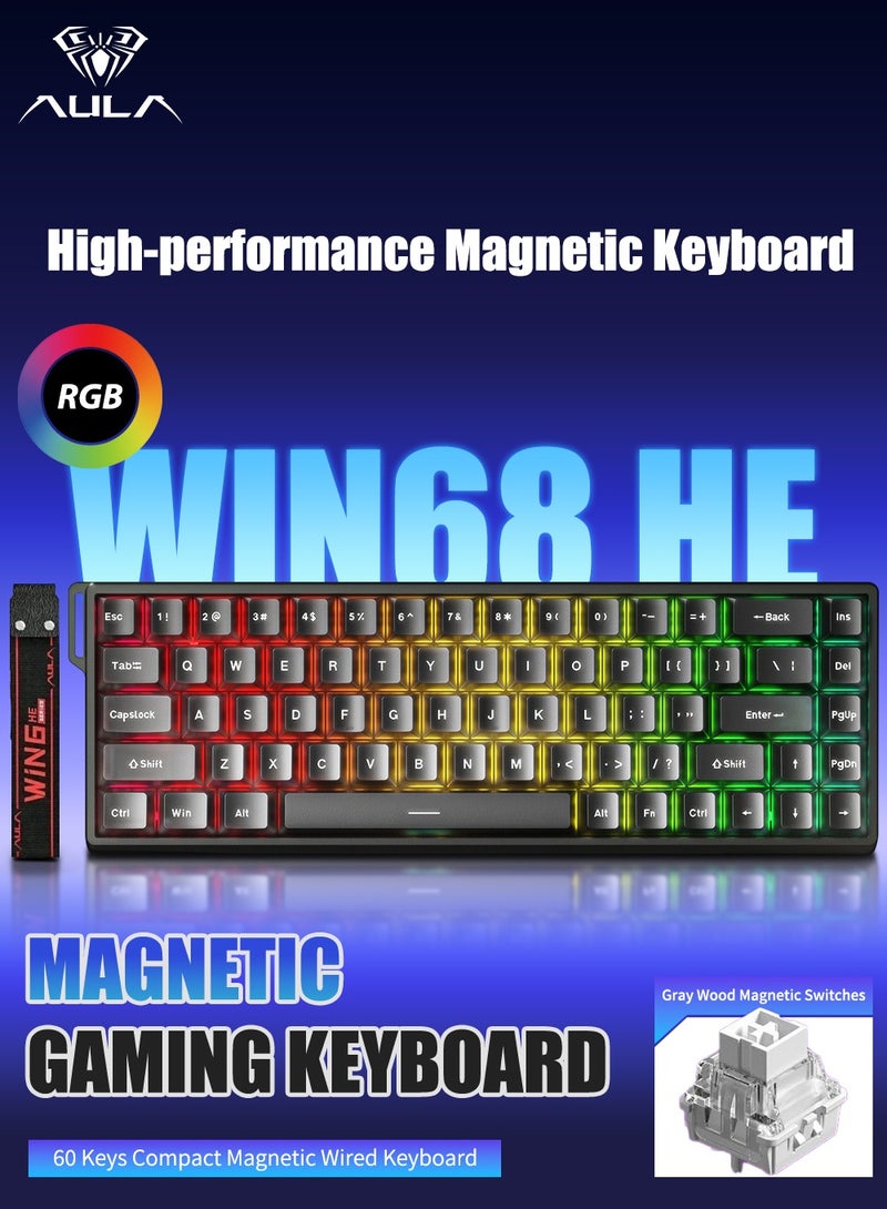 أولا 【متجر العلامة التجارية】لوحة مفاتيح الألعاب WIN68 HE Rapid Trigger دقة ضبط 0.01 مم لوحة مفاتيح مغناطيسية، 60٪ سلكية TKL مع تشغيل قابل للتعديل لوحة مفاتيح مدمجة، مفاتيح Hall Effect، معدل استقصاء 8000 هرتز، إضاءة خلفية RGB، قابلة للتبديل السريع (أسود) - Image 1