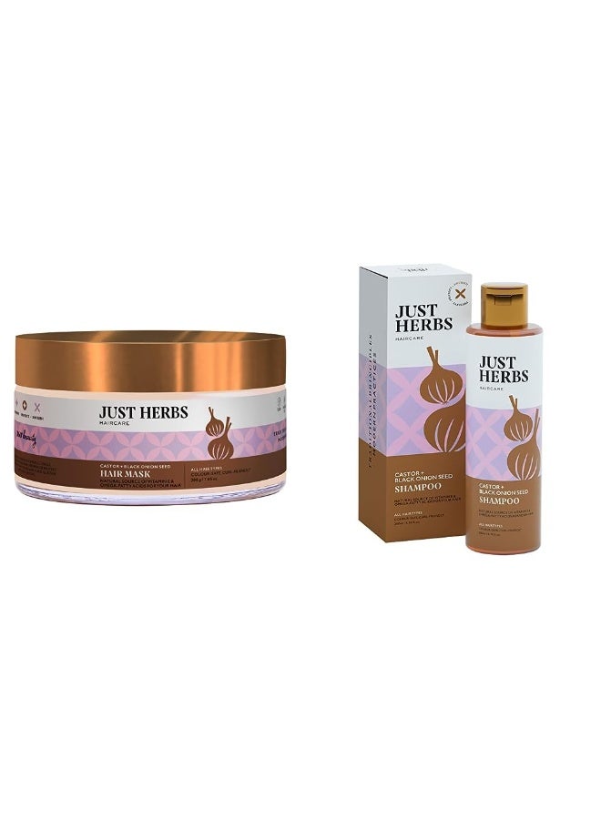 Just Herbs Anti Hairfall Natural Hair Mask With Castor & Black Onion Seed- 200Gm & Castor And Black Onion Seed Sulfate Free Shampoo Reduce Hairfall For Dull Hair- 200Ml Combo - Image 1