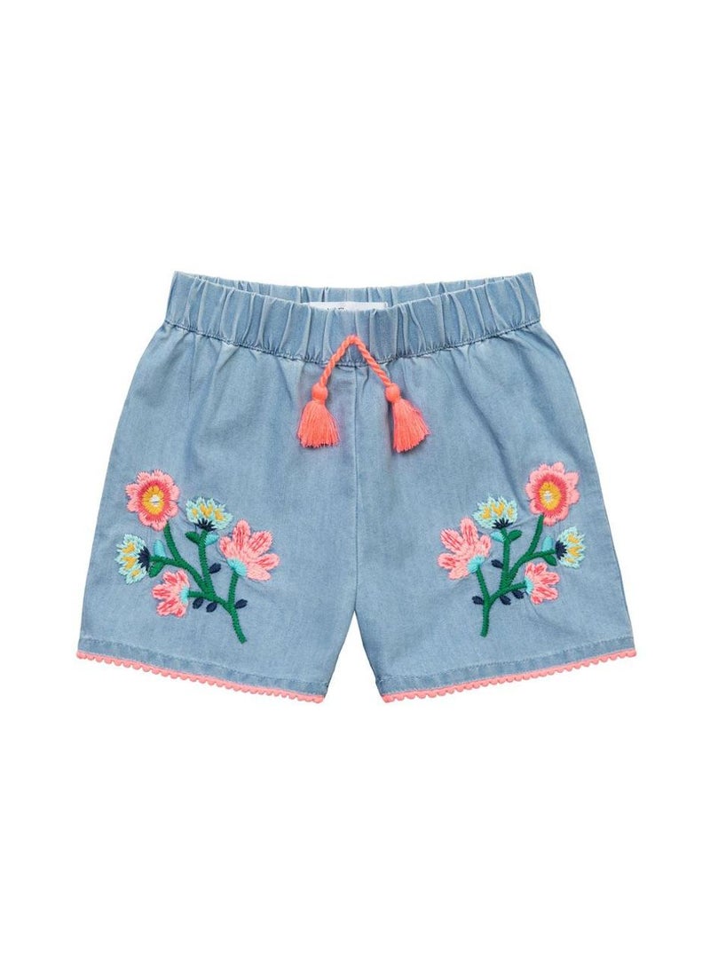 مينوتي شورت بناتي ناعم بتطريز ورباط مزين بشرّابات - Image 1