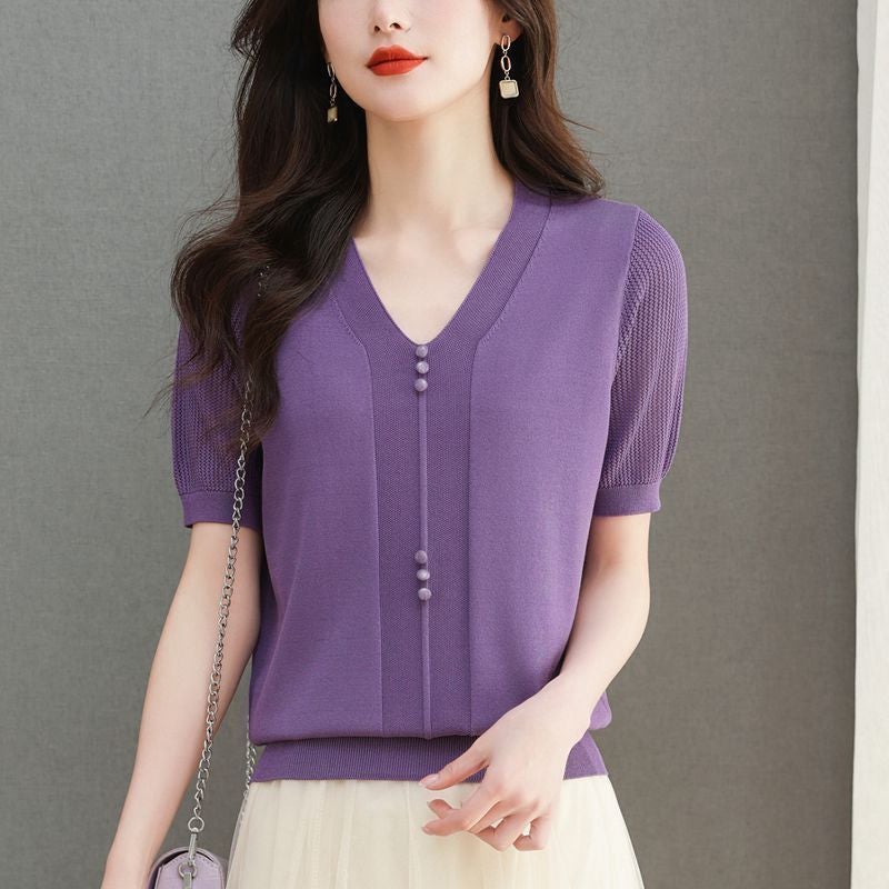 [40.00 Kg-100.00 Kg] V-Neck Hollow Ice Silk Short Sleeve T-Shirt Women'S Loose Belly Button Elegant Top Tide - Image 2