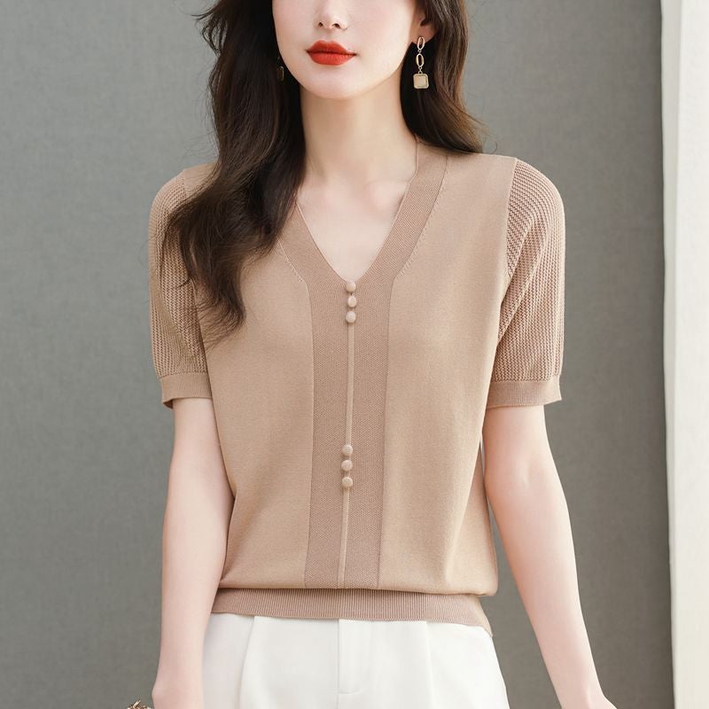 [40.00 Kg-100.00 Kg] V-Neck Hollow Ice Silk Short Sleeve T-Shirt Women'S Loose Belly Button Elegant Top Tide - Image 1