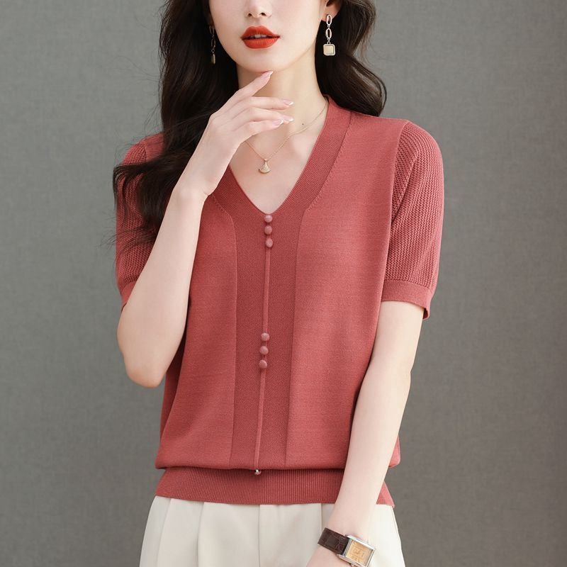 [40.00 Kg-100.00 Kg] V-Neck Hollow Ice Silk Short Sleeve T-Shirt Women'S Loose Belly Button Elegant Top Tide - Image 3
