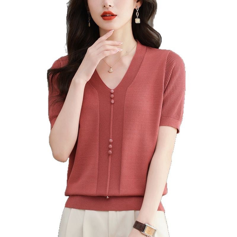 [40.00 Kg-100.00 Kg] V-Neck Hollow Ice Silk Short Sleeve T-Shirt Women'S Loose Belly Button Elegant Top Tide - Image 5