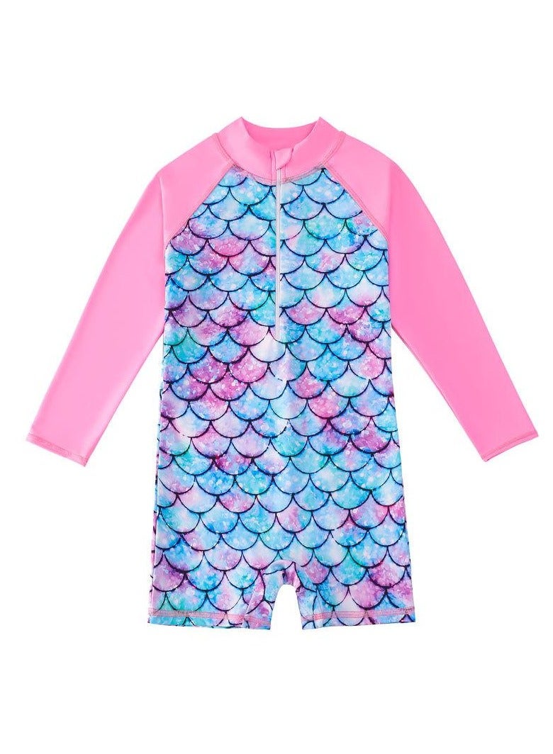 Loquat Girls' long-sleeve for sun protection and surfing mermaid One Piece swimsuit Pink/Blue - Image 1