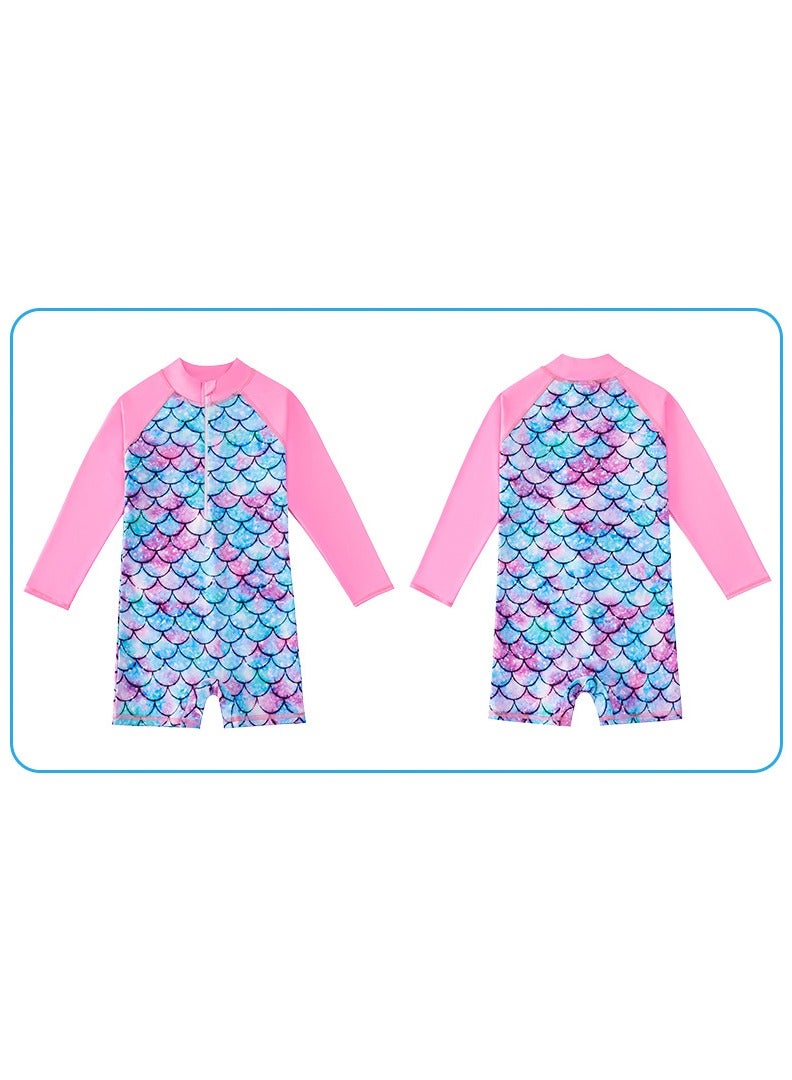 Loquat Girls' long-sleeve for sun protection and surfing mermaid One Piece swimsuit Pink/Blue - Image 3