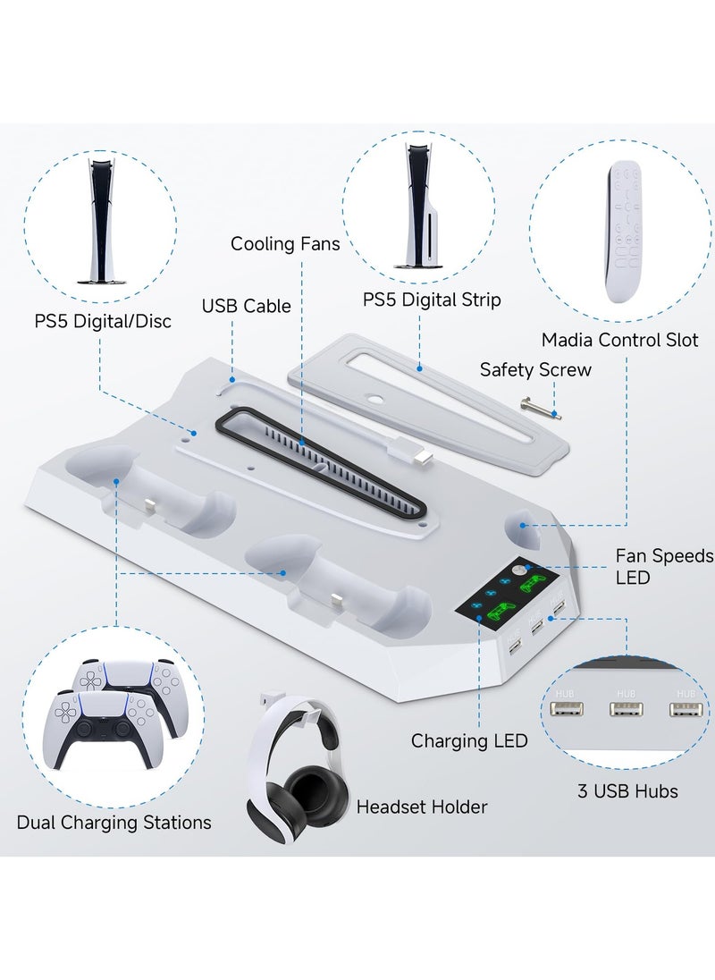 Cooling Station for PS5 /PS5 Slim /PS5 Pro Console ,  with Dual Controller Charging Station, 3 Levels Turbo Fan and Headset Holder, PS5 Vertical Stand