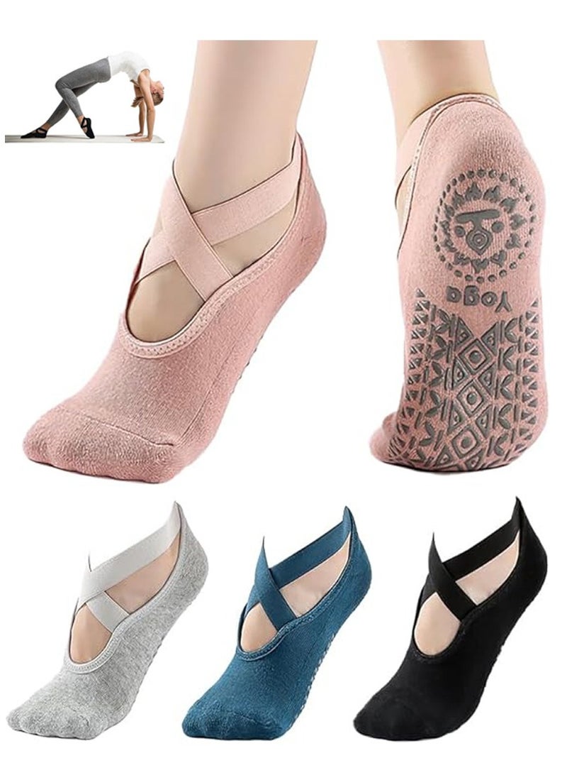 rayze 4 Pairs Yoga Socks，Non-Slip Cotton Socks for Pilates Pure Barre Ballet Dance Socks Barefoot Workout Socks（Pink，Black，Grey, Blue） - Image 1