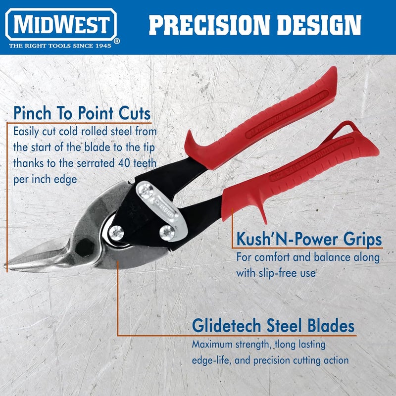 MIDWEST Aviation Snip - Left Cut Regular Tin Cutting Shears with Forged Blade & KUSH'N-POWER Comfort Grips - MWT-6716L - Image 4