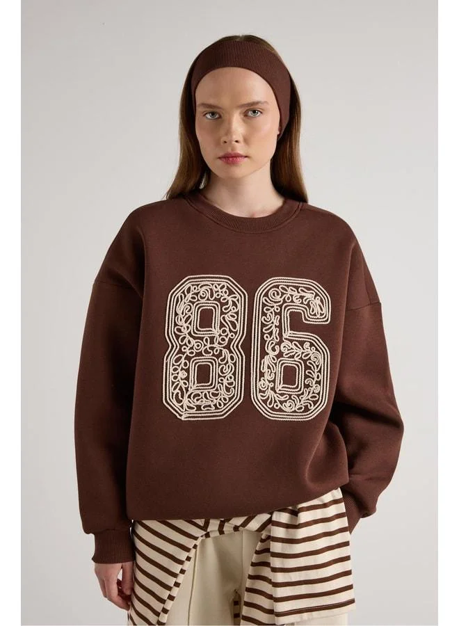 mina aise Women's Coffee Striped Embroidered Cardigan Sweatshirt 30065.