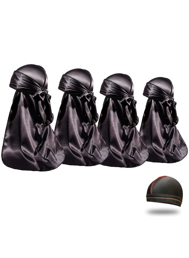 ForceWave 4PCS Silky Durags for Men Women 360 Waves with 1 Wave Cap, Silky Satin Durag Extra Long Tails Black Black Black Black - Image 1