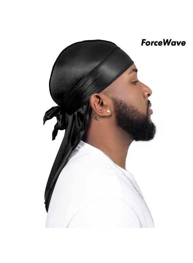 ForceWave 4PCS Silky Durags for Men Women 360 Waves with 1 Wave Cap, Silky Satin Durag Extra Long Tails Black Black Black Black - Image 2