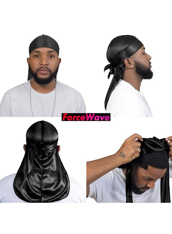 ForceWave 4PCS Silky Durags for Men Women 360 Waves with 1 Wave Cap, Silky Satin Durag Extra Long Tails Black Black Black Black - Image 3